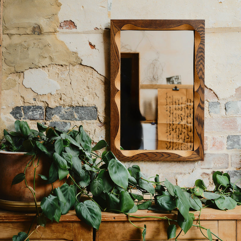 Bow Mirror, Small - Dark with Natural Oak