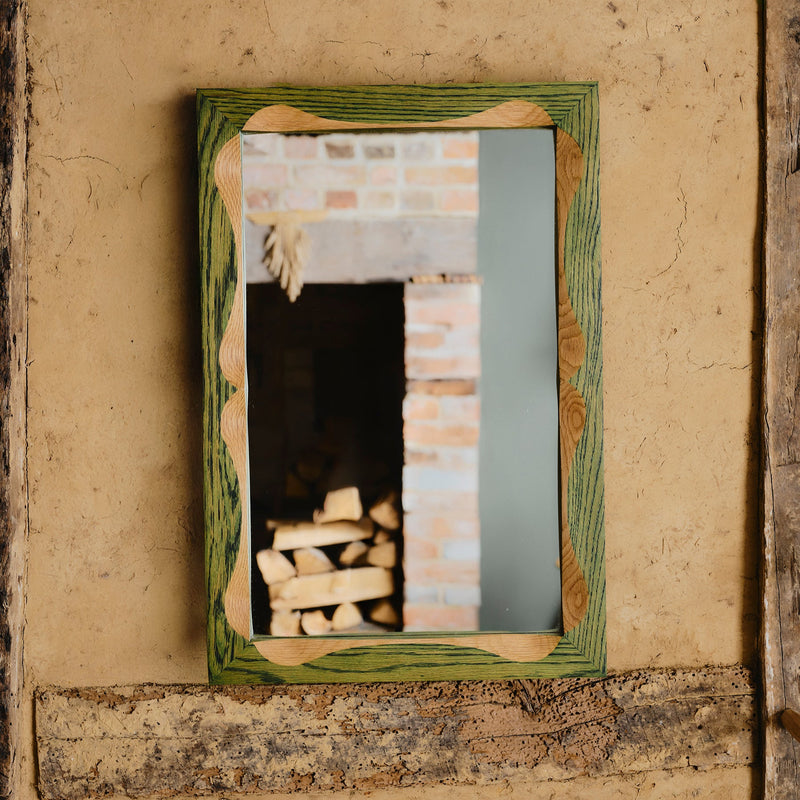 Bow Mirror, Small - Green with Natural Oak