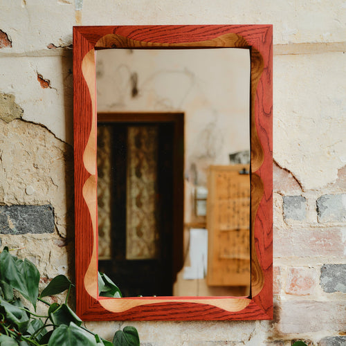 Bow Mirror, Small - Red with Natural Oak