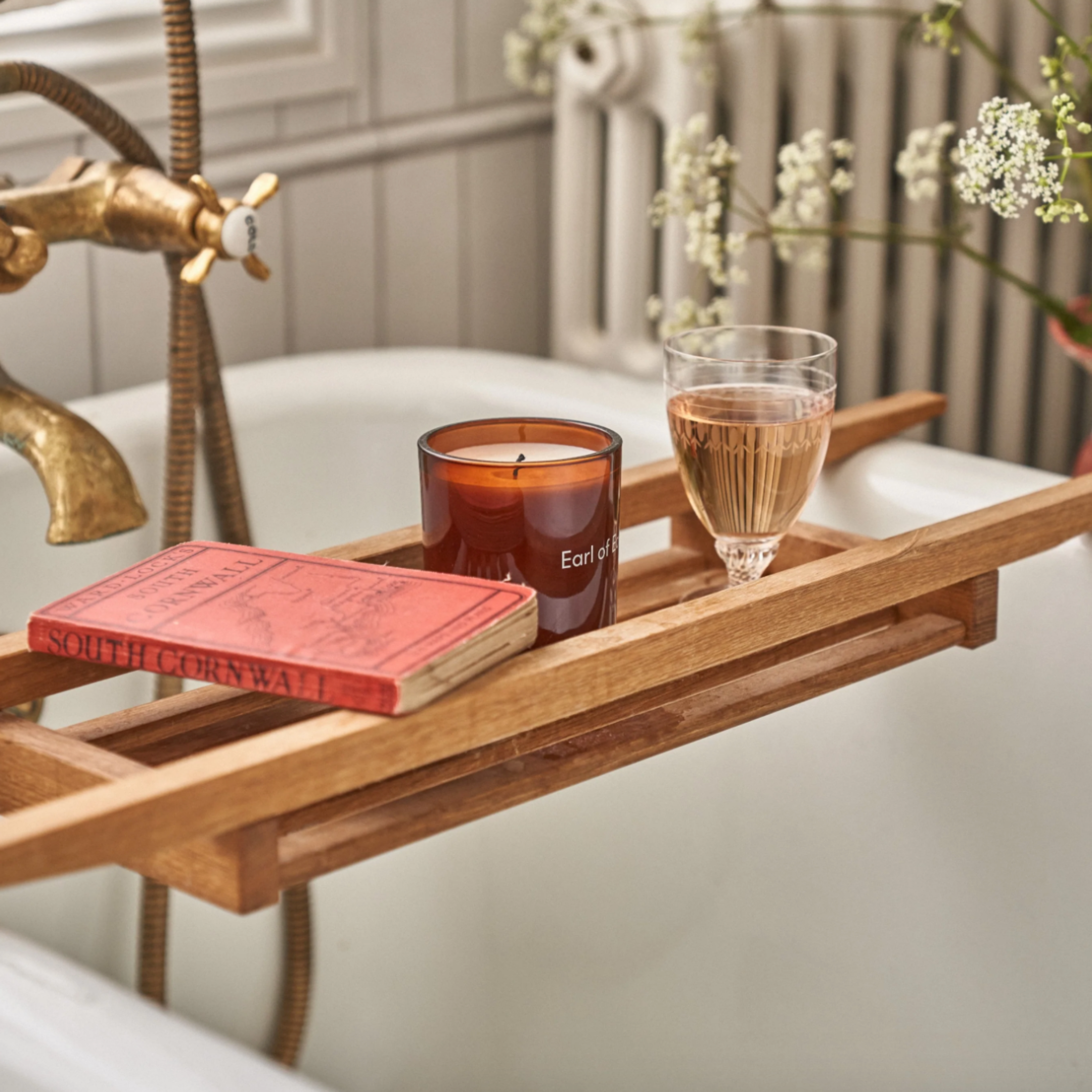 Wooden over bath outlet shelf